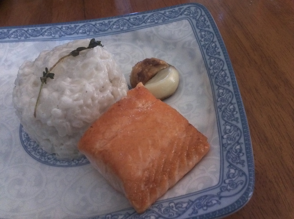 Garlic-thyme seared salmon with coconut risotto