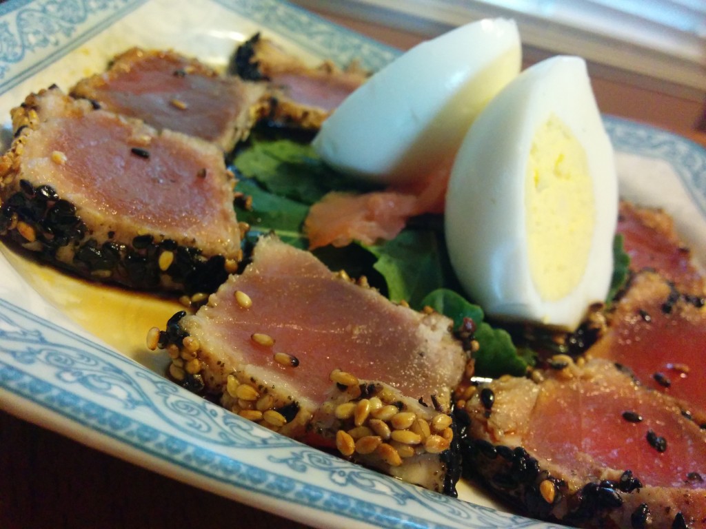 hardboiled egg ahi seared sesame smoked salmon kale