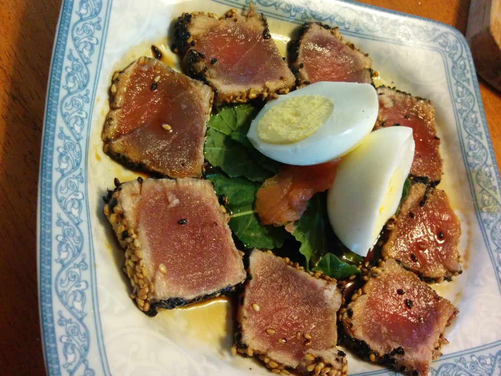 hardboiled egg ahi seared sesame smoked salmon kale